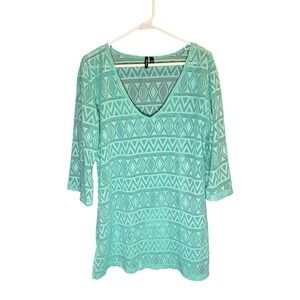 Portocruz Turquoise Crochet Knit V Neck 3/4 Sleeve Swim Cover Up Tunic Top Large